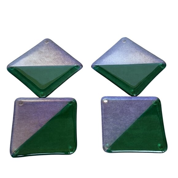 Handmade Green Purple Fused Art Glass Pastry Coasters Set Of 4 Abstract Artsy - Picture 5 of 8